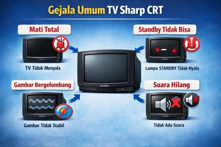 Ilustrasi gejala umum TV Sharp CRT seperti mati total, standby tidak bisa, gambar bergelombang, dan suara hilang
