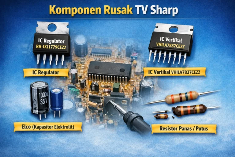 Komponen rusak TV Sharp seperti IC regulator RH-IX1779CEZZ, IC vertikal VHILA7837CEZZ, elco, dan resistor panas