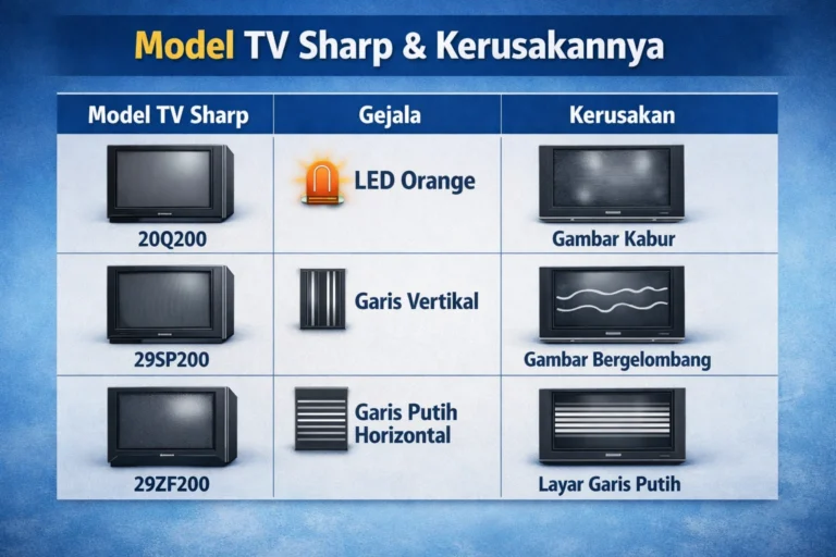 Infografis model TV Sharp dan kerusakannya seperti 20Q200, 29SP200, dan 29ZF200 dengan gejala LED orange, garis vertikal, dan layar garis putih