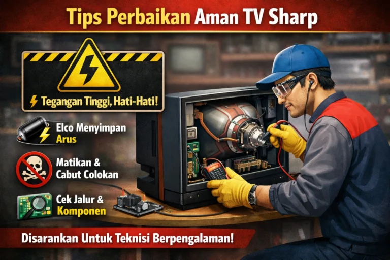 Tips perbaikan aman TV Sharp dengan peringatan tegangan tinggi, elco menyimpan arus, matikan colokan, dan cek jalur komponen