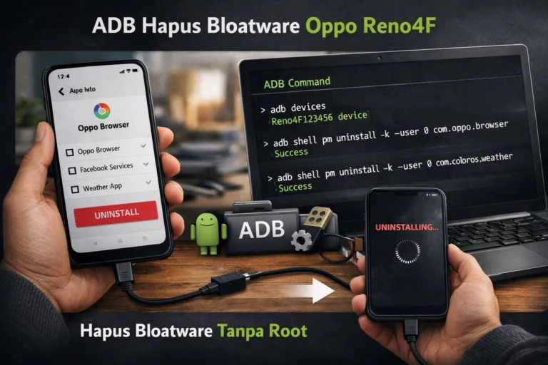 Ilustrasi hapus bloatware Oppo Reno4F dengan ADB tanpa root Ilustrasi hapus bloatware Oppo Reno4F dengan ADB tanpa root