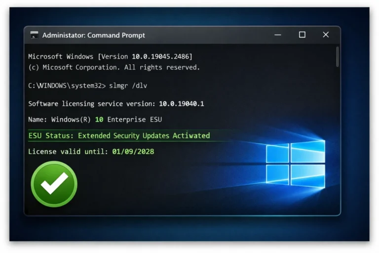 Aktivasi Windows 10 ESU dengan kunci lisensi di Command Prompt.